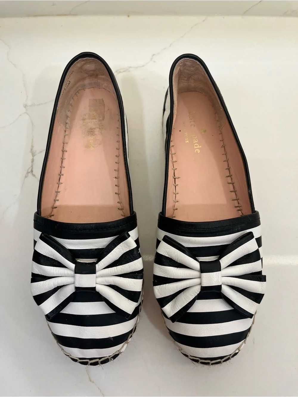 Kate Spade New York Black & White Striped Bow Espadrille Flats Size 7.5